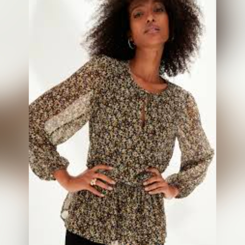 Banana Republic Olive Floral Tie-Neck Peasant Blouse